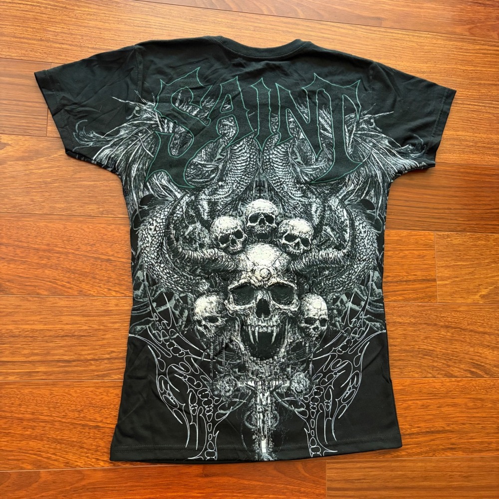 Y2K Fresh Laundry Saint Skull 3D Puff Print Graphic T-Shirt Black Grunge Small